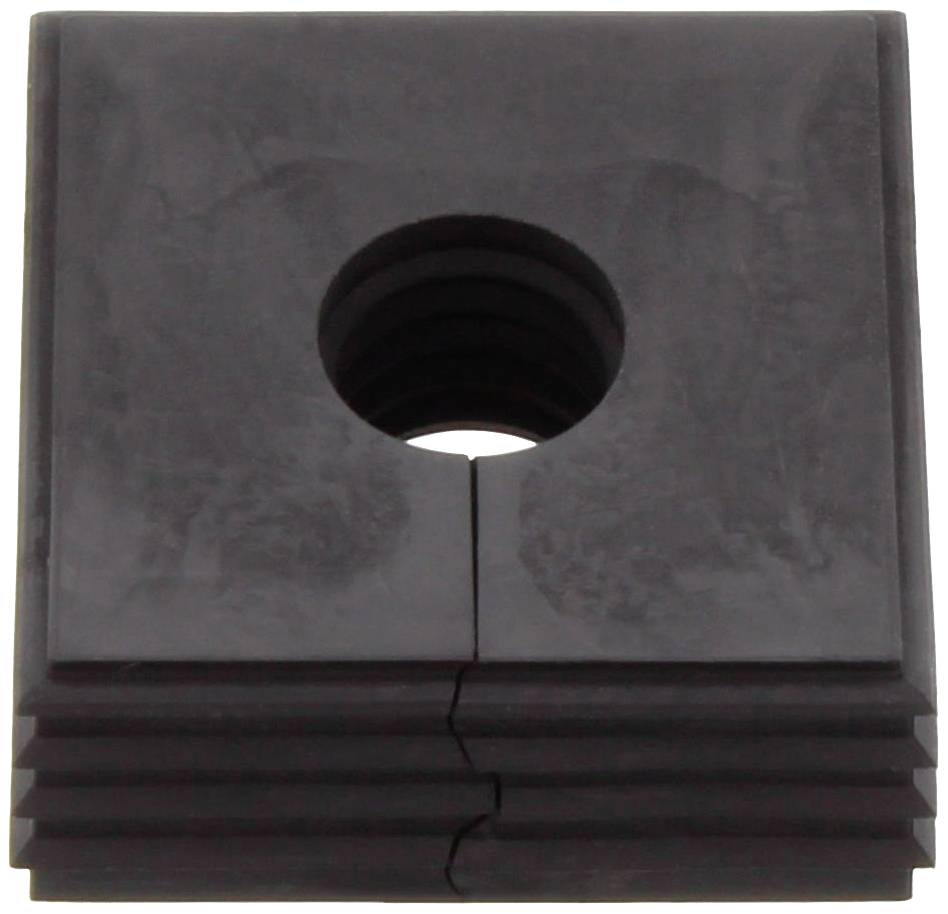 Square black rubber seal with a central hole in the middle, surrounded by grooves on the sides.