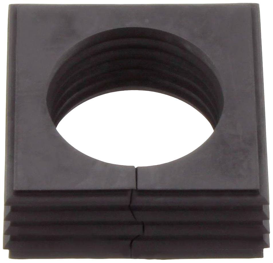 A square, black plastic component with a circular aperture in the centre; functions as a sealing element or spacer.