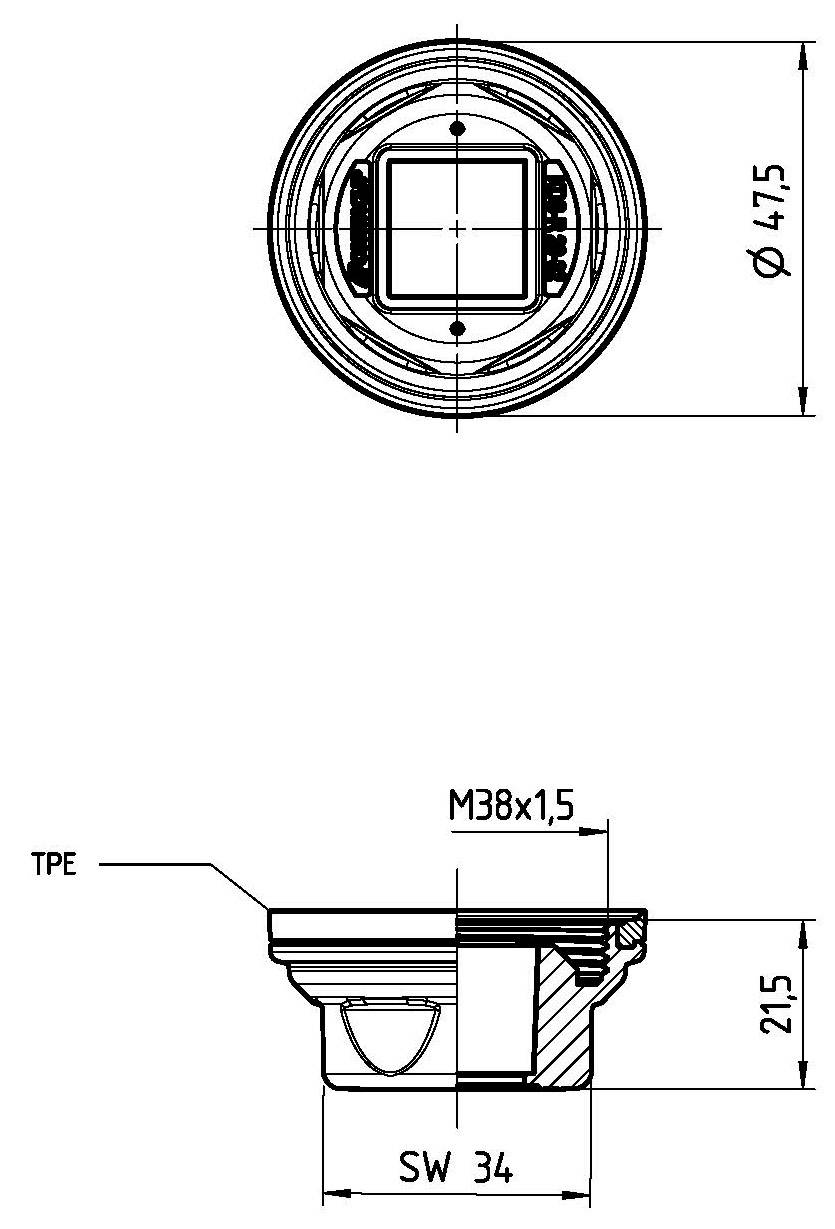Technical drawing of a component with a circular view on top and a side cross-section view below. Dimensions and threads marked.