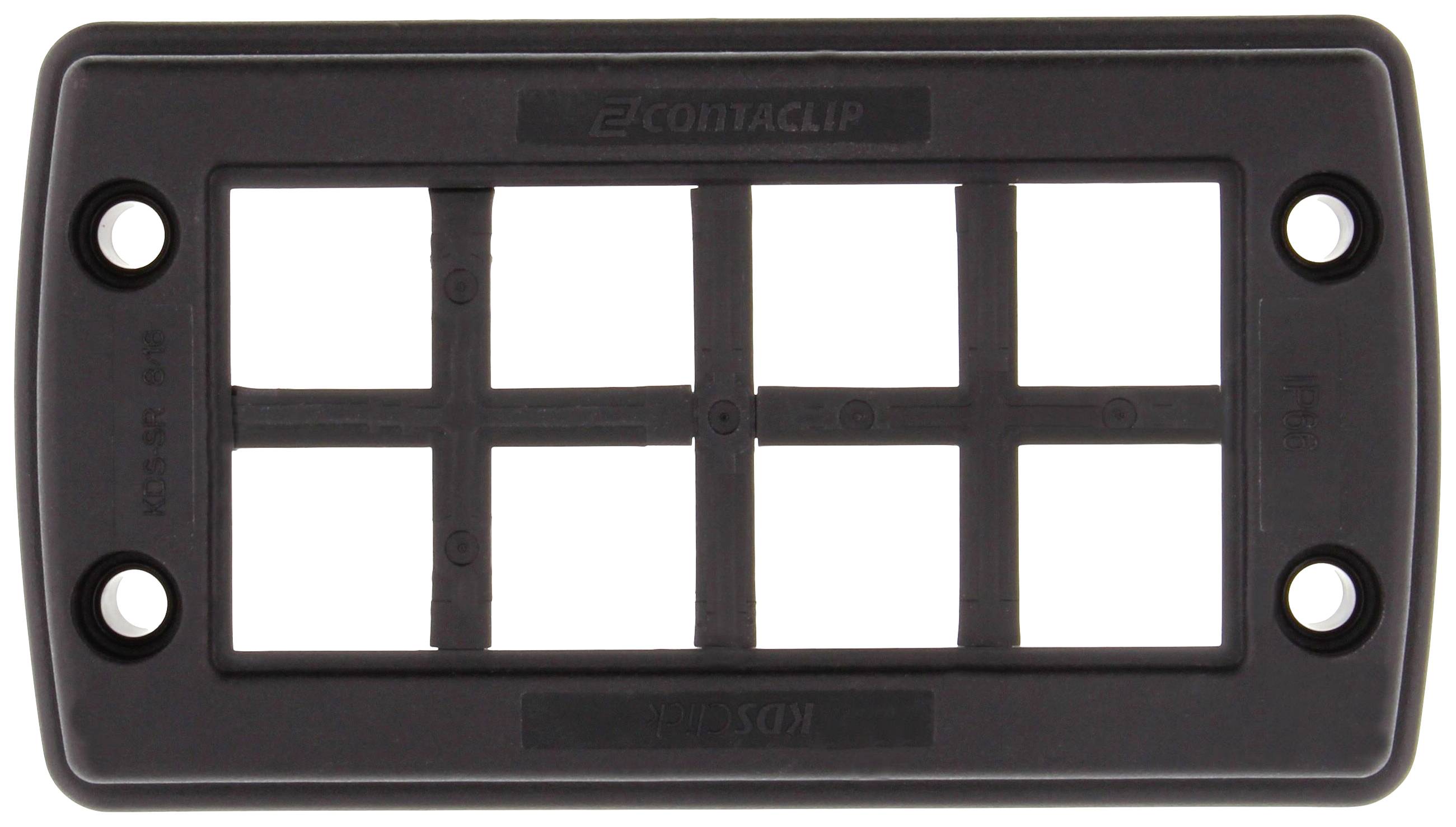Black rectangular frame with four mounting holes and two transverse crossbars in the centre.