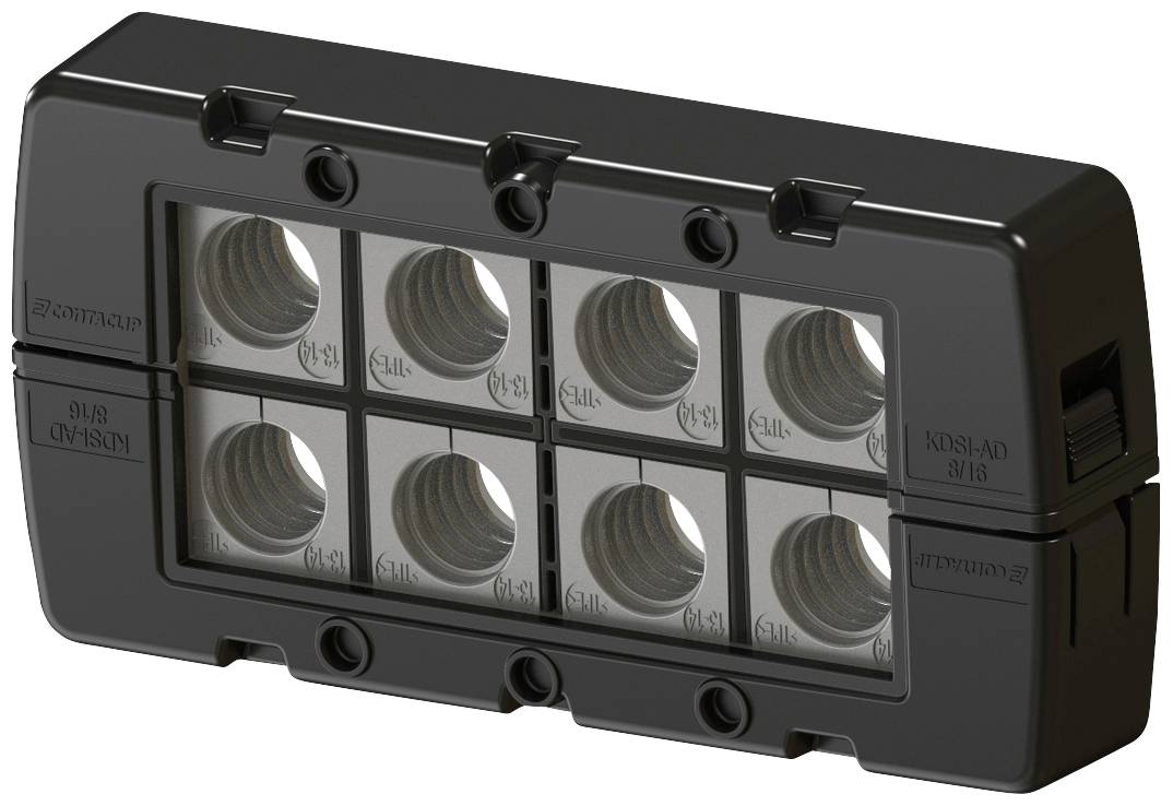 A black cable pass-through frame with eight openings for cable glands in a rectangular enclosure.