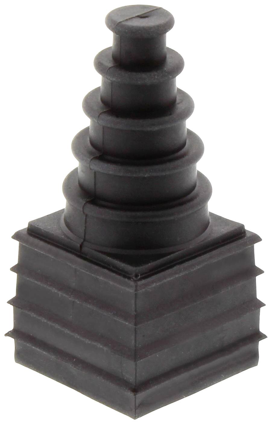 A black, graduated rubber sealing collar that begins cylindrically and terminates in a squared, stepped form.