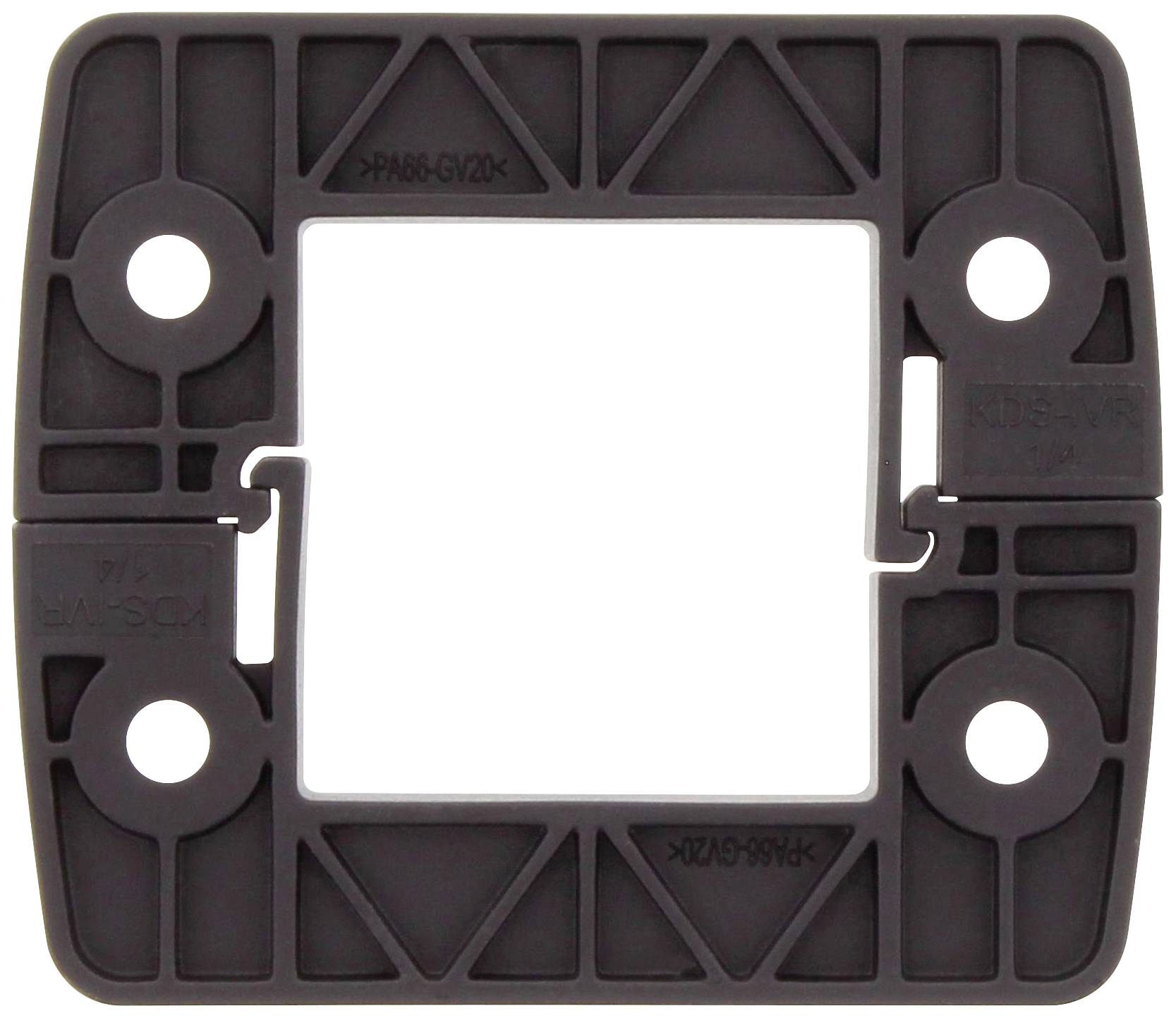 Plastic frame with rectangular opening, four corners with mounting holes, suitable for electrical installations.