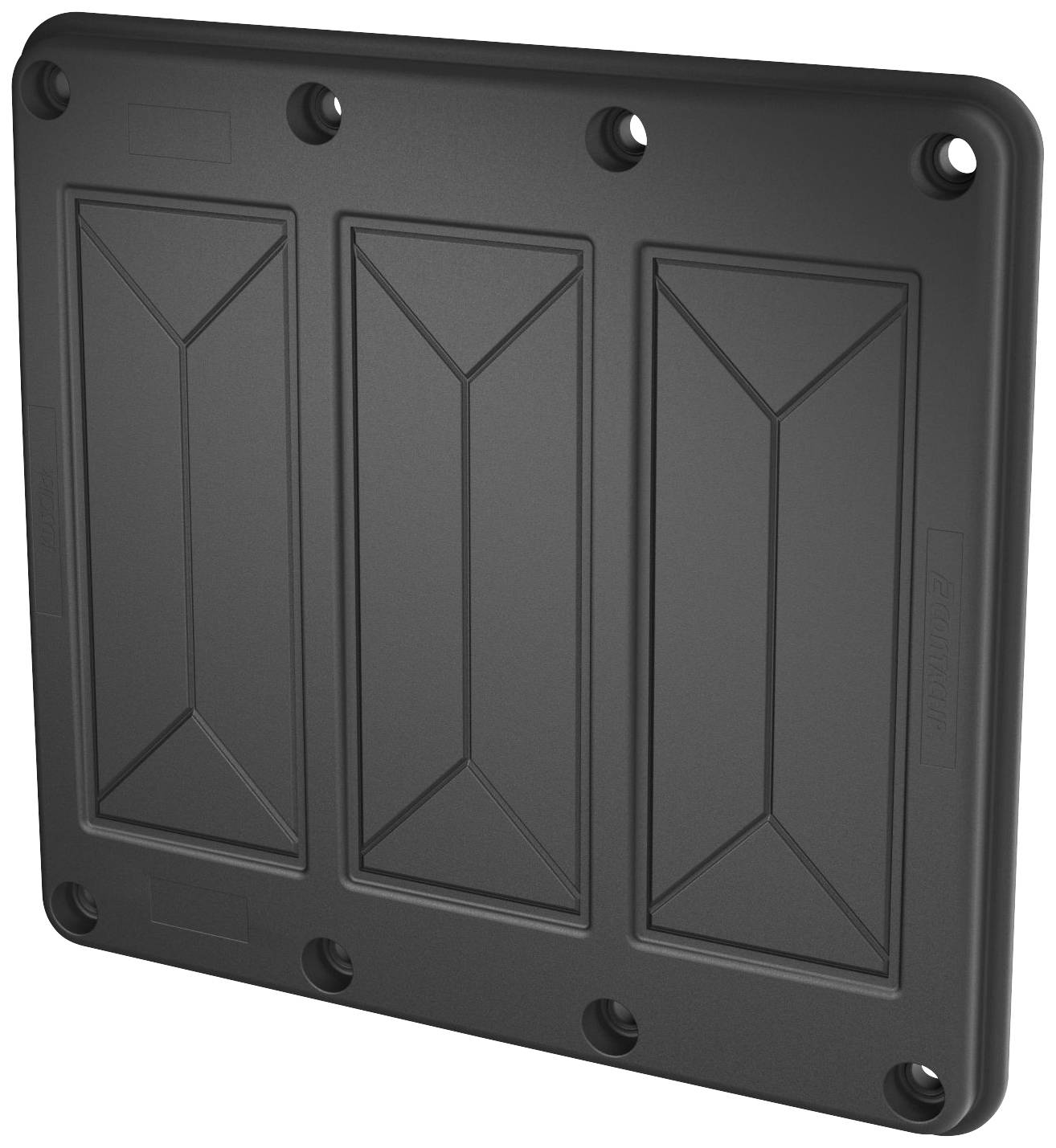 'Black plastic plate with nine mounting holes for cable routing.'