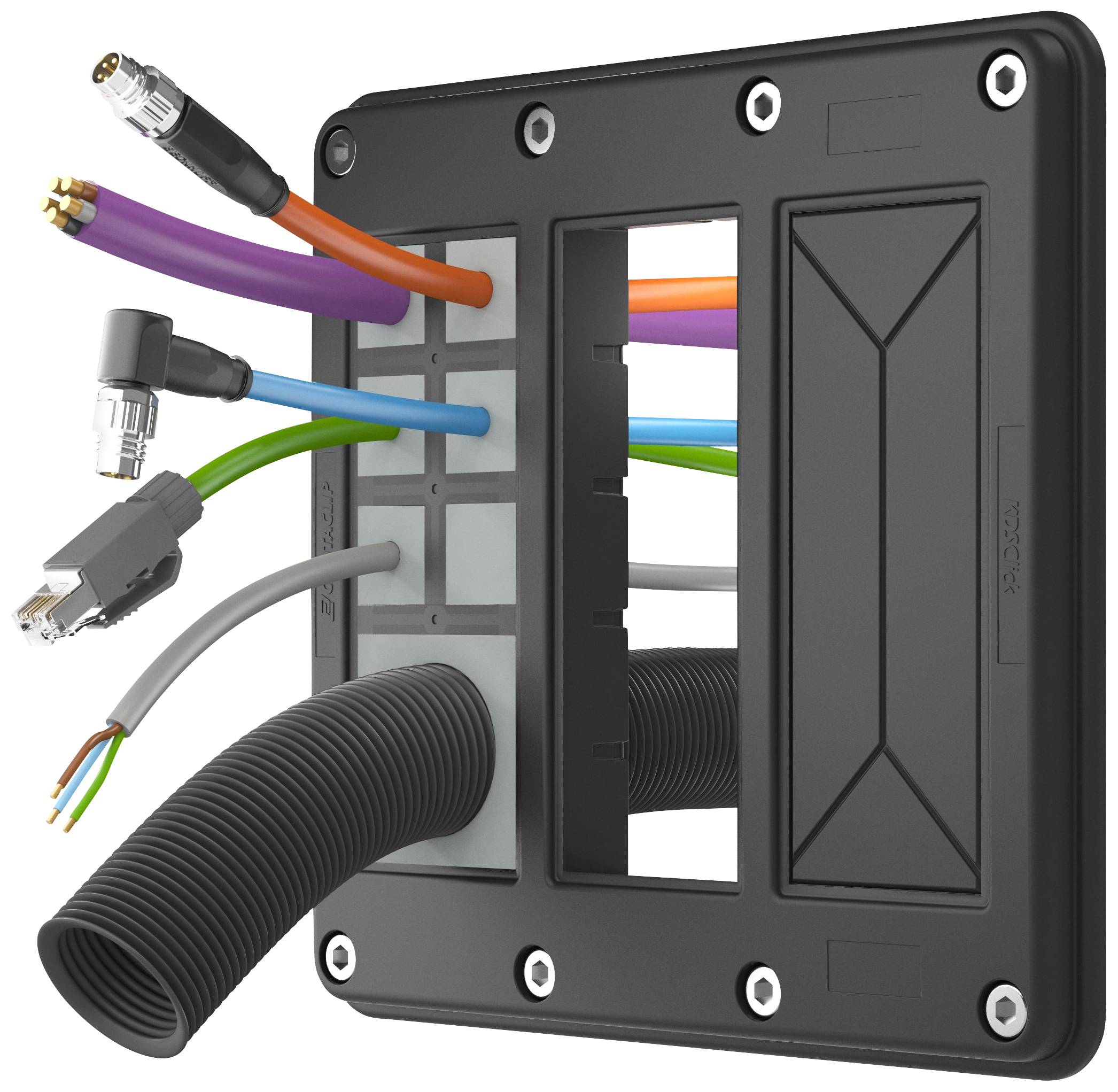 Cable entry system in a rectangular frame with multiple cables and hoses of various colours and connections, which are routed through separate openings.