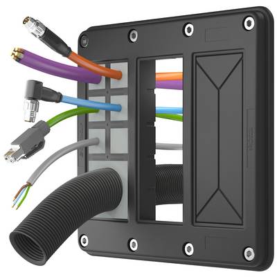Cable entry system in a rectangular frame with multiple cables and hoses of various colours and connections, which are routed through separate openings.