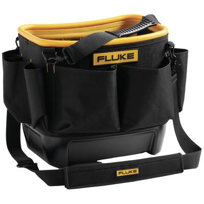 Black tool bag with a yellow border, multiple compartments and a shoulder strap, with the inscription 'Fluke' on the bag and the strap.