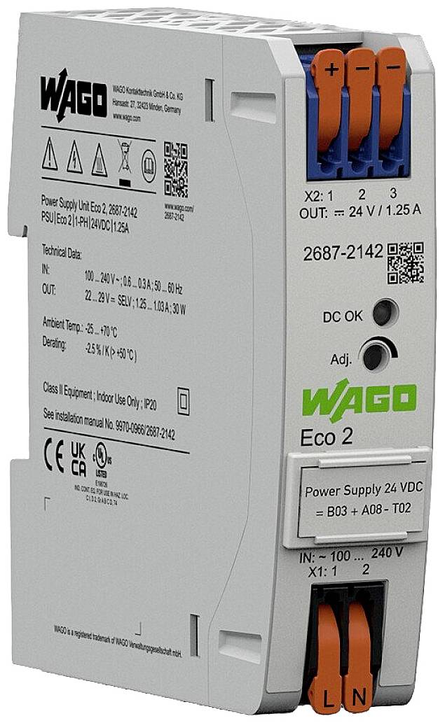 Power supply module 'WAGO Eco 2', 24V DC, with adjustable current rating, input 100-240V AC. Housing in grey tones with brand logo.