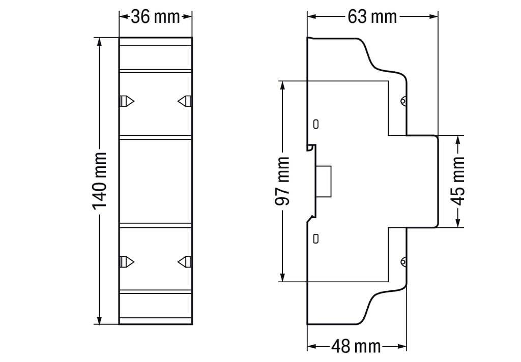Technical drawing of a component with dimensions: 140 mm x 36 mm and 97 mm x 63 mm. Front and side view.