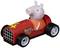 A toy car with a Peppa Pig figure sits in a red racing car with the number '4' on the bonnet.