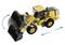 A yellow excavator shows movement arrows around the bucket, illustrating upward and downward movements as well as forward motion.