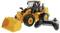 Yellow remote-controlled excavator with large tyres, a bucket at the front, and a black controller in the foreground.
