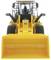 A yellow backhoe loader with a large front bucket, viewed from the front. It stands against a white background.