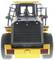 A yellow model of a construction vehicle from the front, with large tyres and a robust radiator grille.