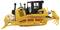 Yellow CAT D7E bulldozer with tracked undercarriage and articulated blade, side view.