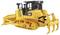 A yellow toy bulldozer with caterpillar tracks and a shovel, CAT model, stands with details such as a small radiator grille and lever arms.