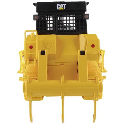 A yellow bulldozer from the front, with robust tracks and a large bucket, stands on a white background.