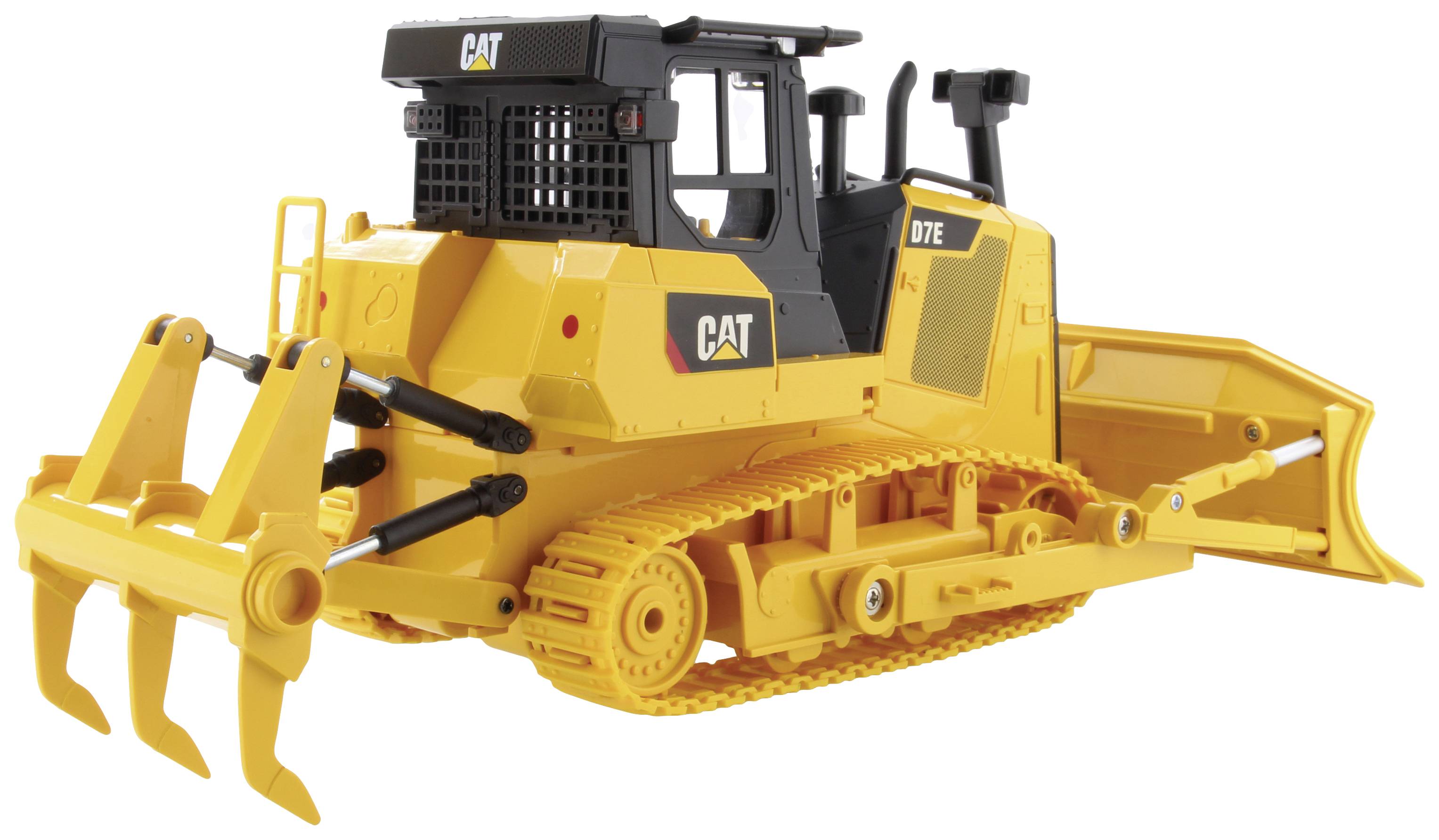 A yellow toy bulldozer with caterpillar tracks and a movable shovel, manufactured by CAT, on a white background.