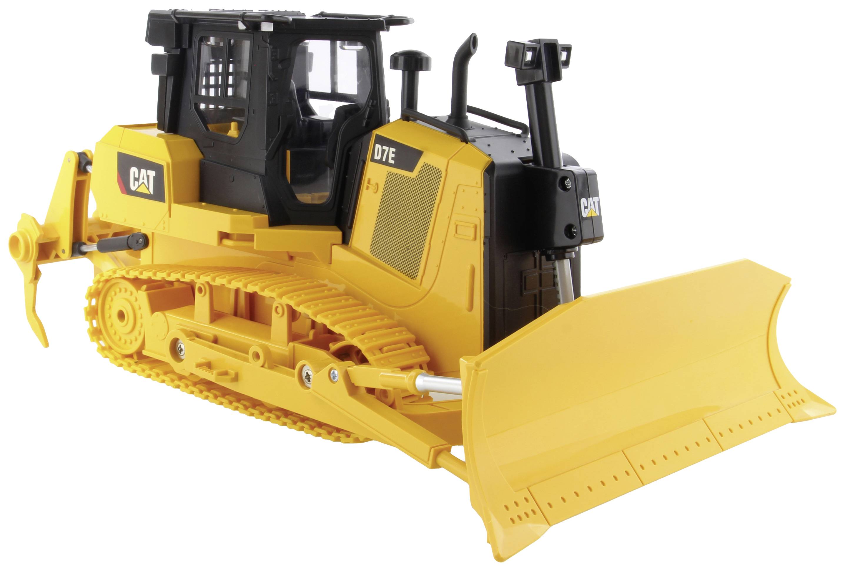 A yellow plastic bulldozer with 'CAT D7E' written on the side, in black and yellow colours, stands on tracks.