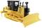 A yellow plastic bulldozer with 'CAT D7E' written on the side, in black and yellow colours, stands on tracks.