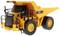 Yellow toy dump truck with 'CATERPILLAR 770' inscription, black wheels, visible ladder and handrails, side view.
