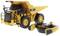 Remote-controlled toy model of a yellow tipper truck. 'Caterpillar' and '770' are written on the front left side.