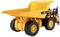 A yellow dump truck, a model vehicle, shows a side view. The vehicle has large black tyres and an open cargo bed.