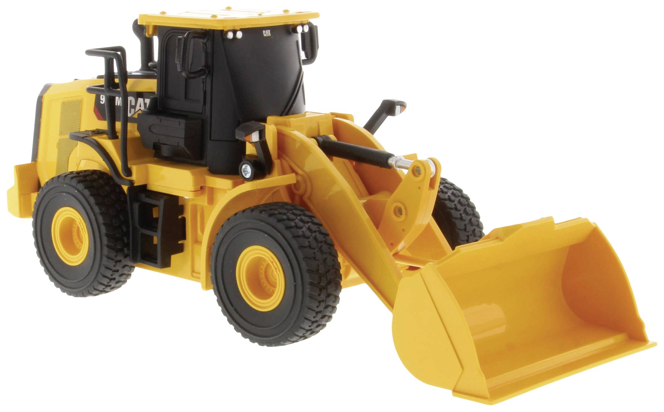A yellow toy digger with a black cab and large bucket. Suitable for children and building simulations in the playroom.