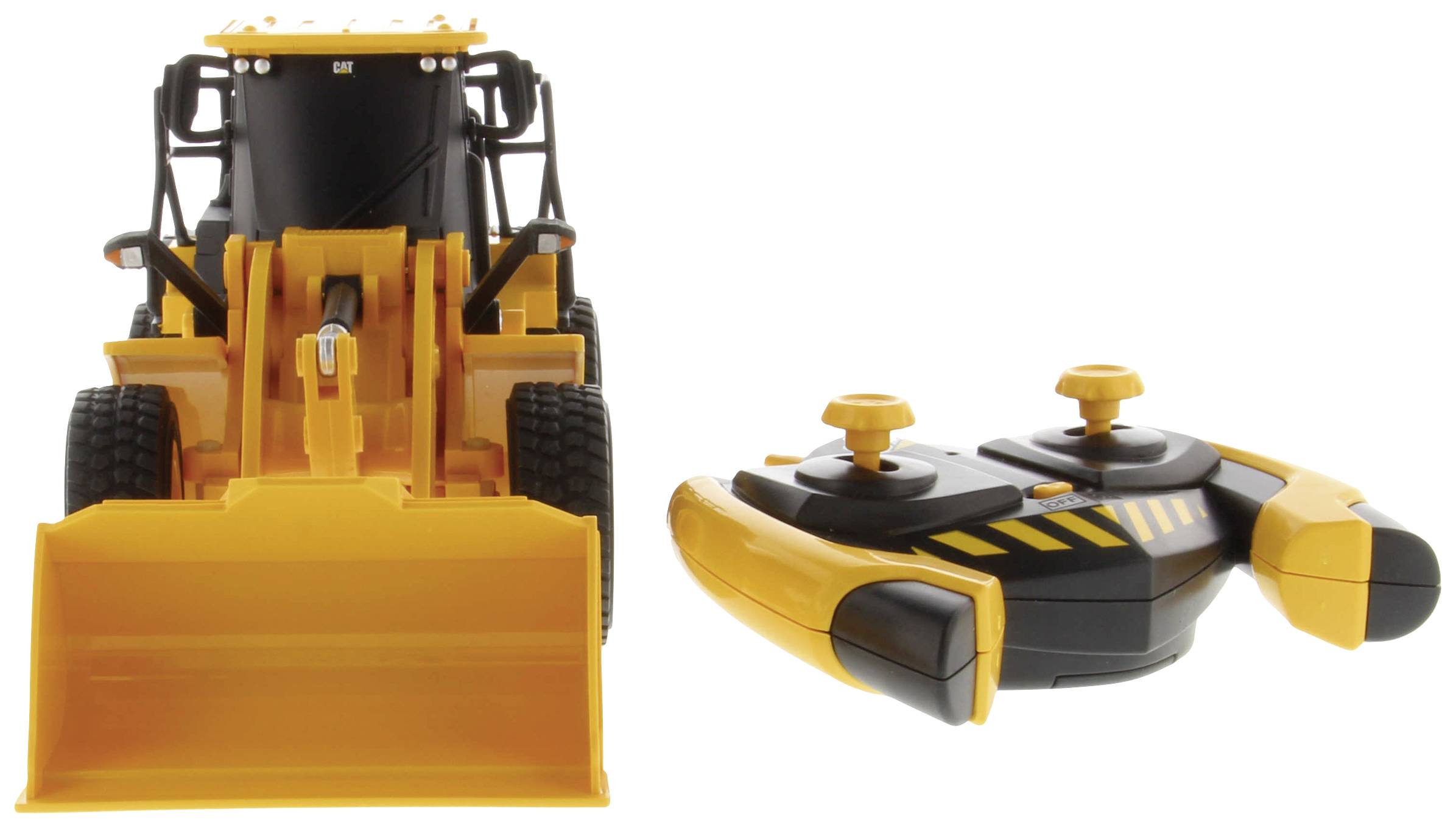 Remote-controlled yellow toy digger beside a remote control, suitable for children to play with and learn vehicle operation.