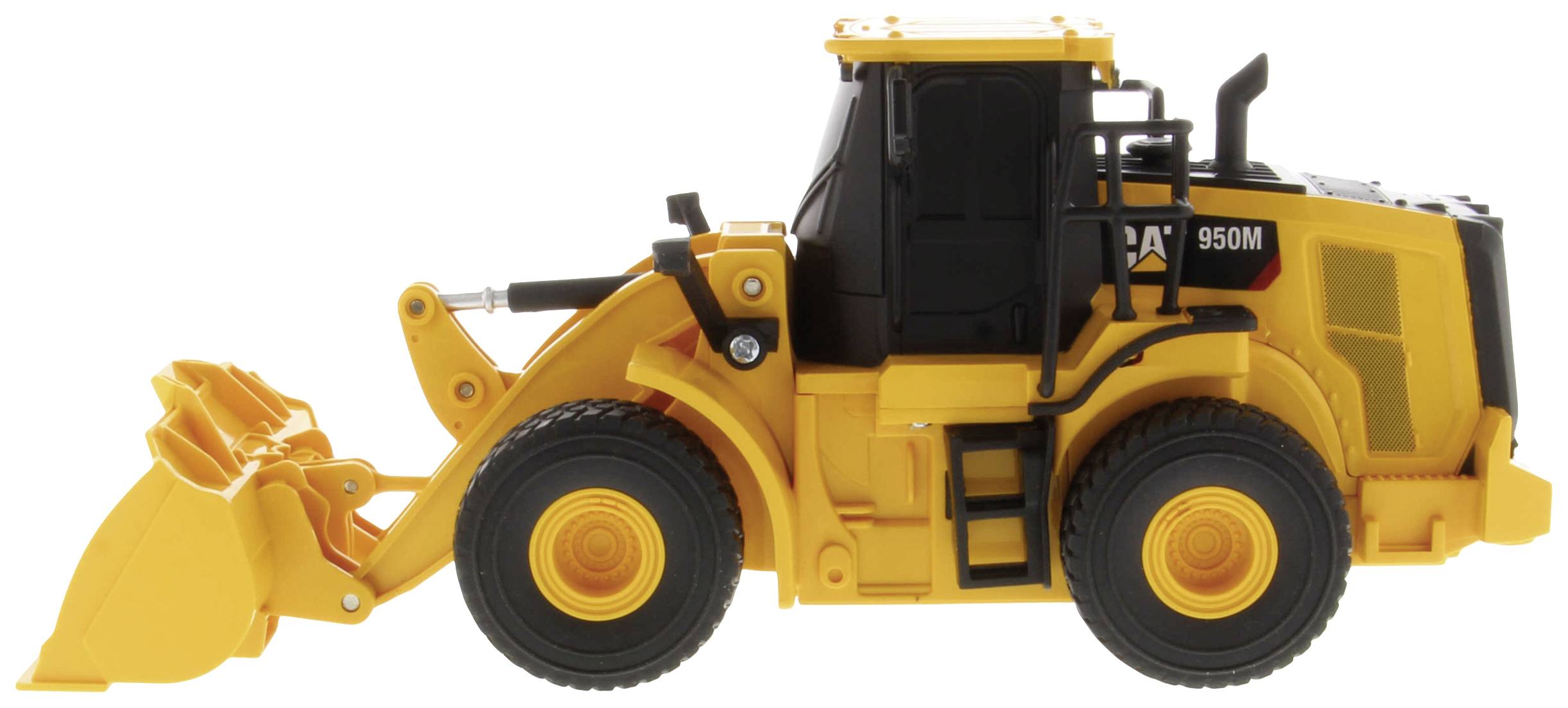 A yellow wheeled loader with a bucket at the front and a black cab, side view.