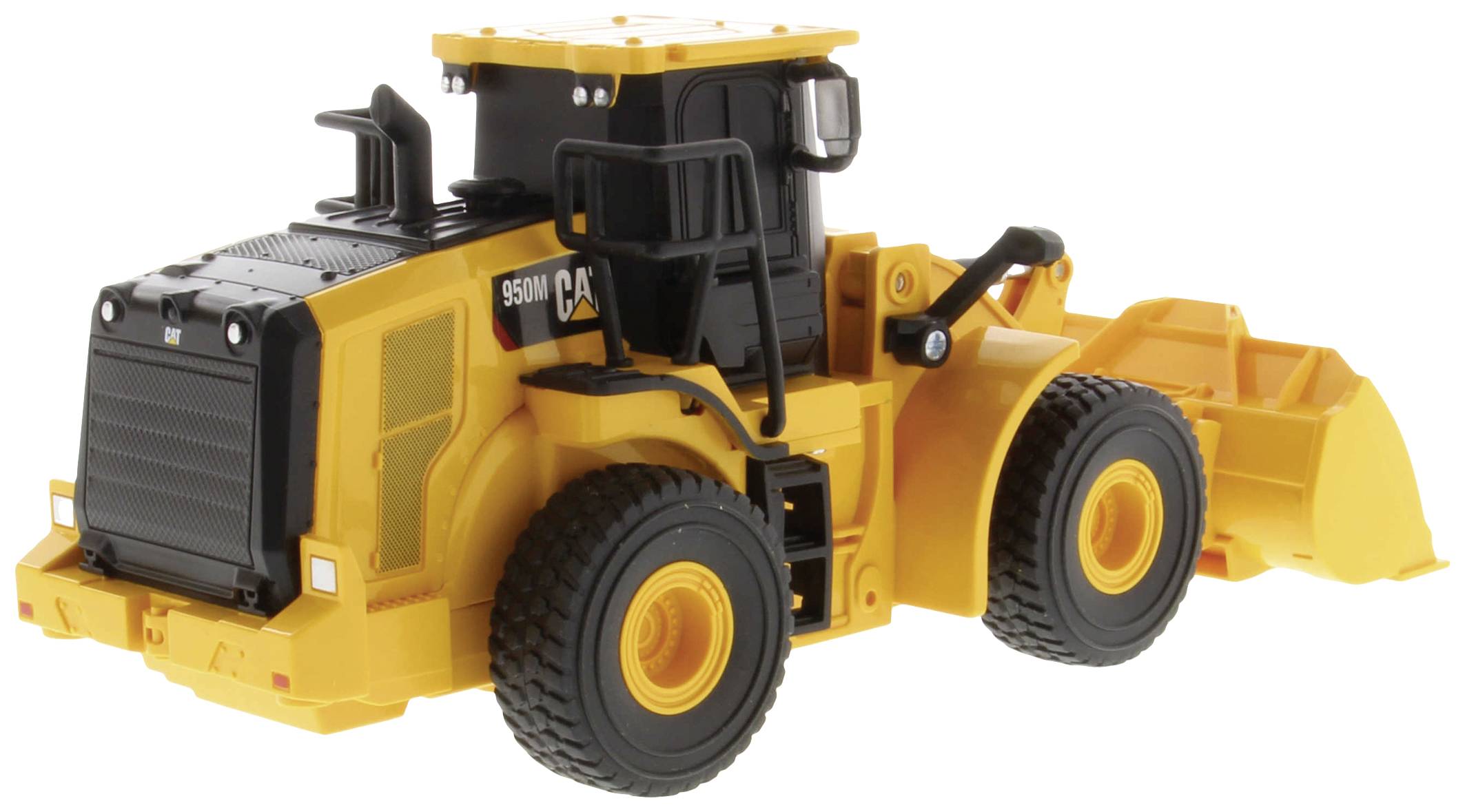 Yellow wheel loader with a black cab and bucket, 950M model. Primarily used for construction work and earthmoving.