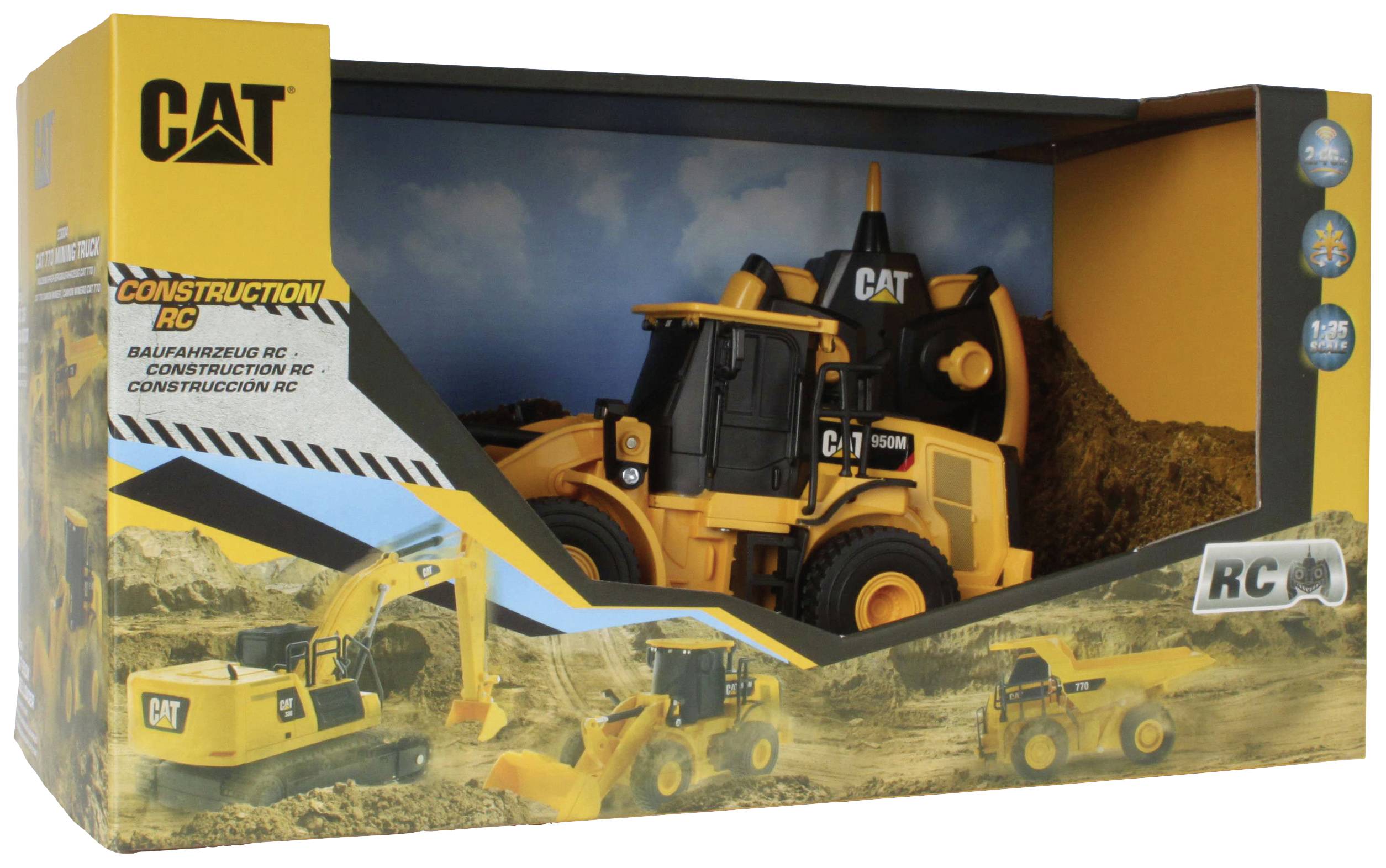 A toy package shows a remote-controlled yellow CAT construction loader with a bucket, packed in a box with construction-themed decor.