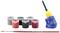 Six coloured craft paint pots with a paintbrush and glue.