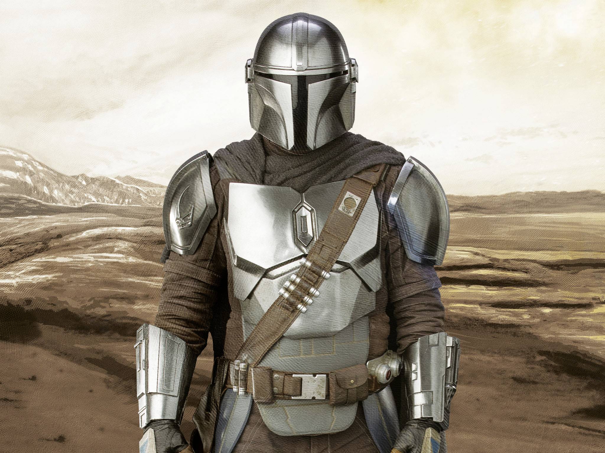 A armoured individual stands in a desert landscape. They are wearing a helmet and a silver armour outfit.