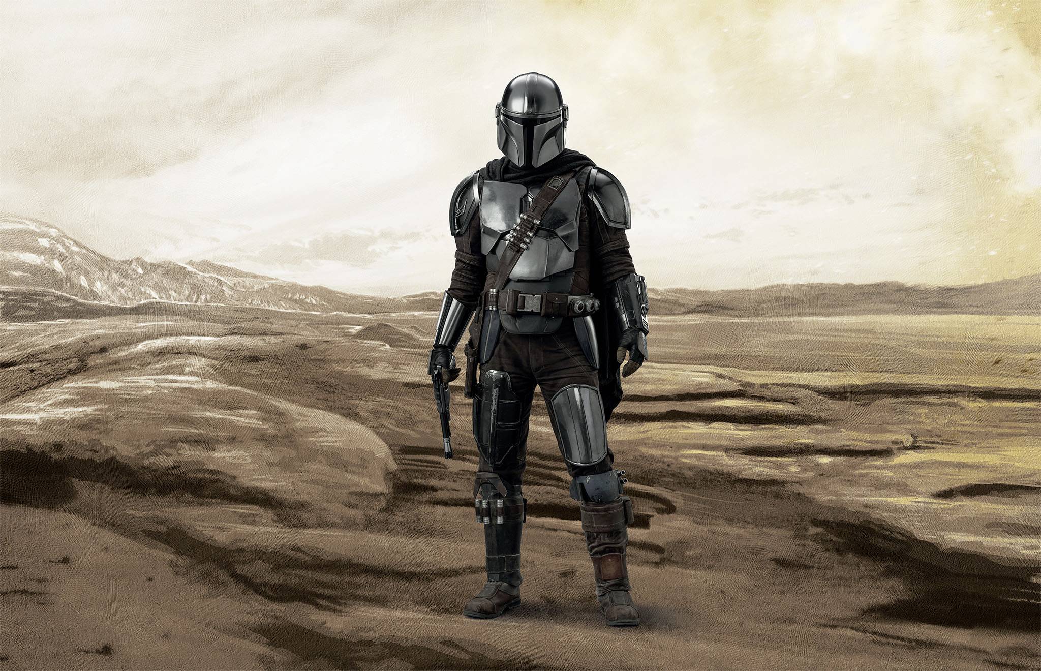 A person in a futuristic suit stands in a vast, desert-like landscape with a blue sky.
