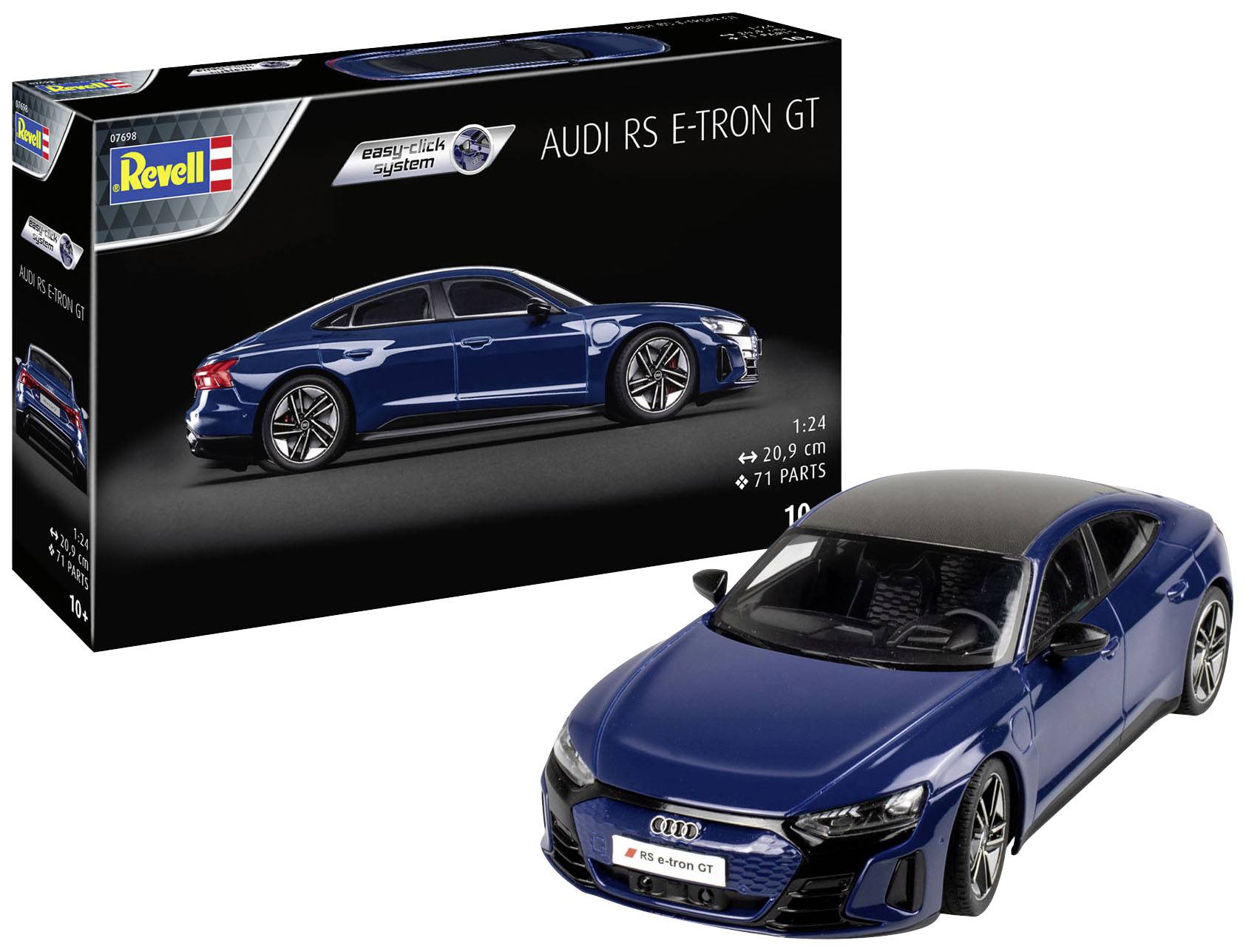 Model kit of a blue Audi RS e-tron GT at a scale of 1:24 by Revell, contains 71 parts, length 20.9 cm.