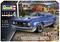 Revell model kit of a blue '71 Ford Mustang Boss 351 in 1:25 scale, with 129 parts. Background depicts an autumnal scene.
