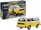 Model kit of a yellow VW T3 van by Revell. Image shows the assembled van and the packaging of the Level 3 set.