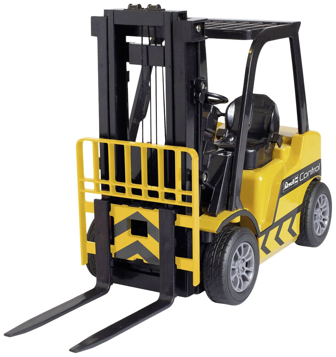 A yellow toy forklift with black and yellow stripes, meticulously designed, set against a white background.