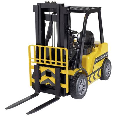 A yellow toy forklift with black and yellow stripes, meticulously designed, set against a white background.