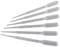 Six transparent pipettes in a row, for measuring liquids. They have a low rim for precise measurement.
