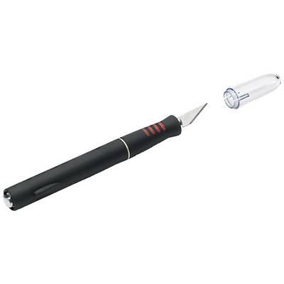 Black precision knife with a red stripe on the handle, removable blade, and transparent protective cap.