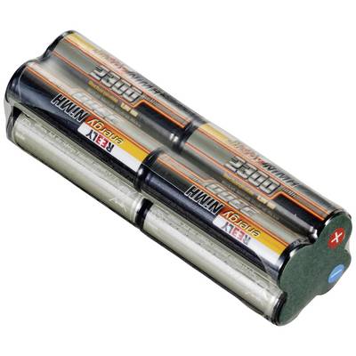 'Four AA NiMH rechargeable batteries connected in series with a total voltage of 4.8V. The positive and negative terminals are clearly marked at the ends.'