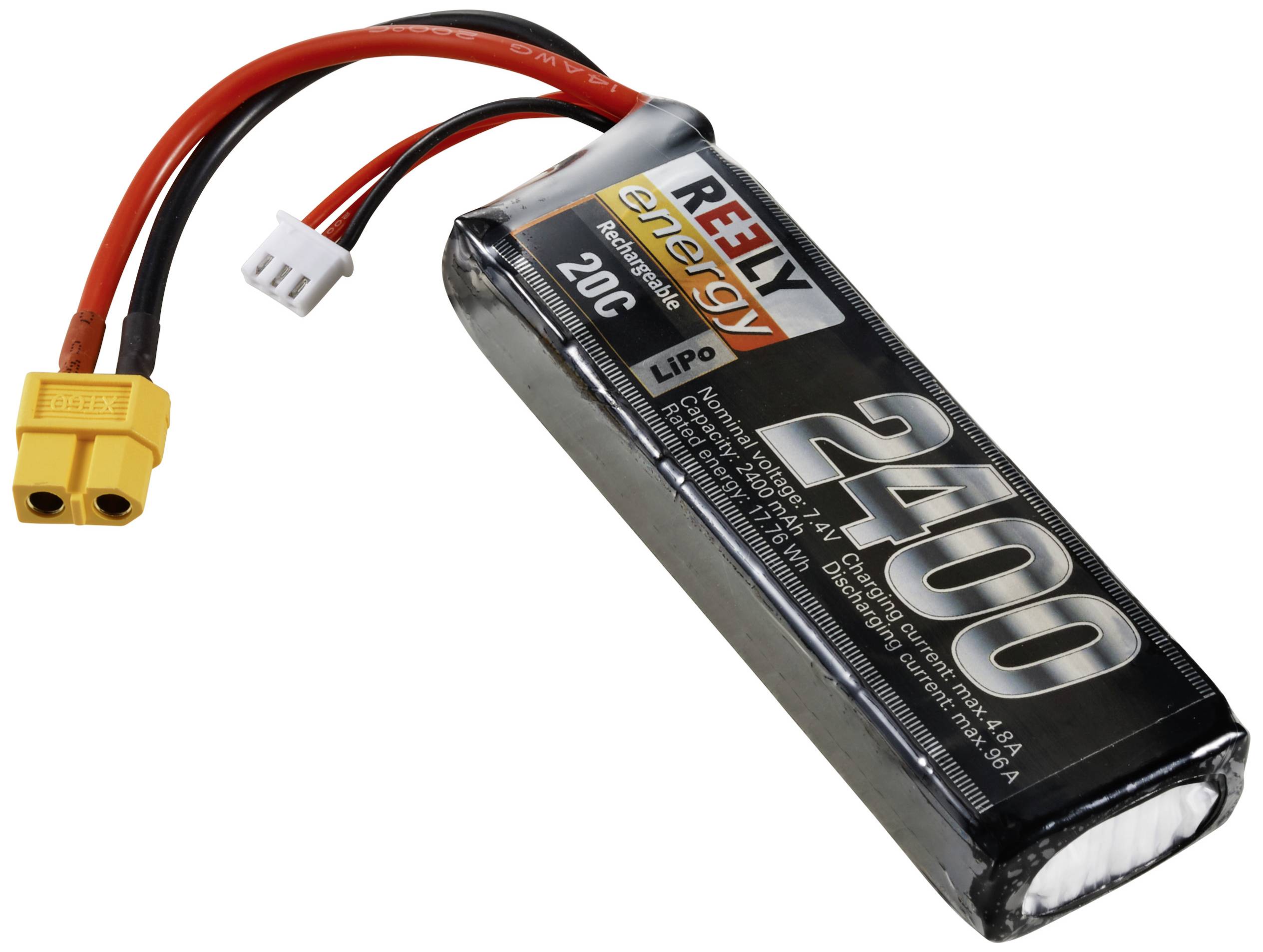 LiPo battery from RELY energy with 2400mAh capacity and 20C discharge current. It features an XT60 connection cable and is suitable for RC models.