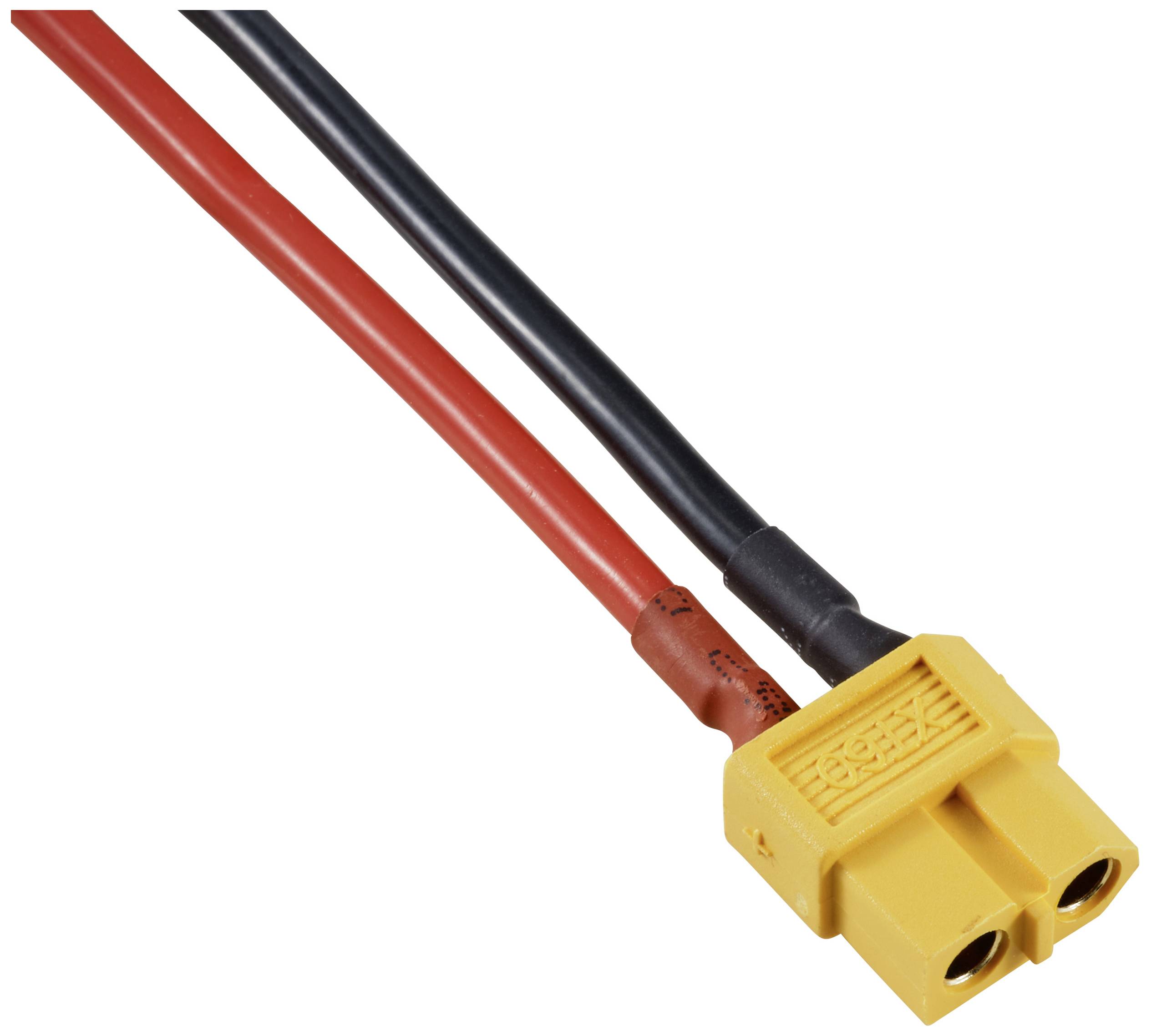 An XT60 connector with red and black cables, commonly used for connecting batteries in remote-controlled vehicles or drones.