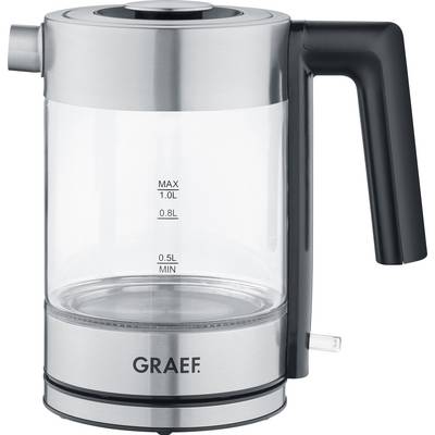 A transparent stainless steel kettle with a black handle, capacity markings for 0.5L, 0.8L and 1.0L. Brand: Graef.