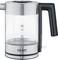 A transparent stainless steel kettle with a black handle, capacity markings for 0.5L, 0.8L and 1.0L. Brand: Graef.