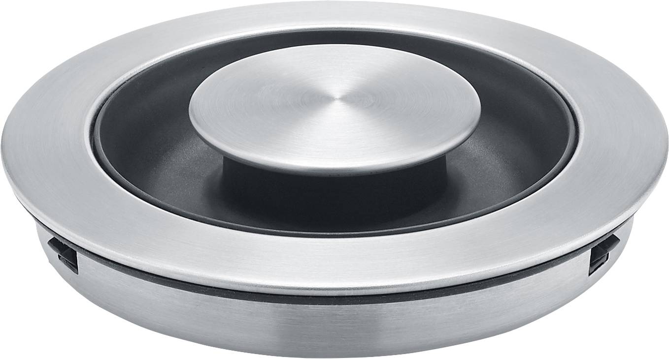 Round, shallow drainage cover made of stainless steel with a contemporary, brushed finish, suitable for kitchen and bathroom drains.