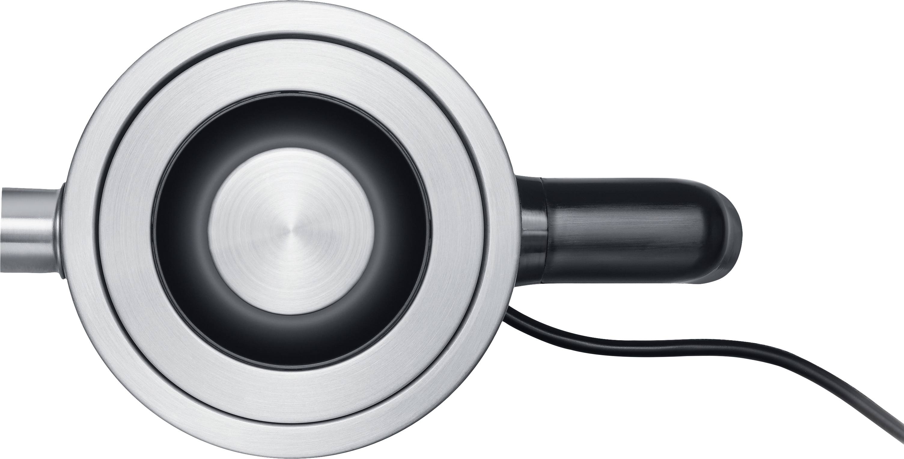 Round kettle viewed from above, silver with black interior, and handle on the right. Power cable leading downwards from the appliance.