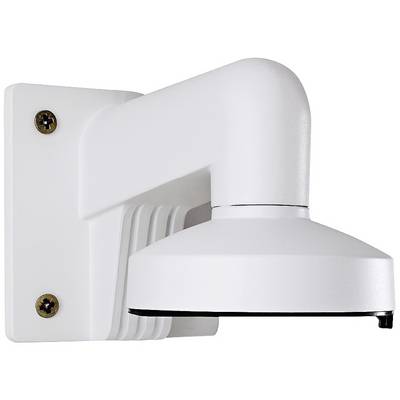 White wall mount for a surveillance camera, with a round mounting plate and curved arm, made of plastic.
